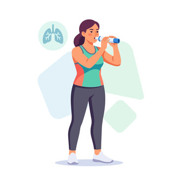 Woman using a spirometer for lung function test, illustration of respiratory health and exercise