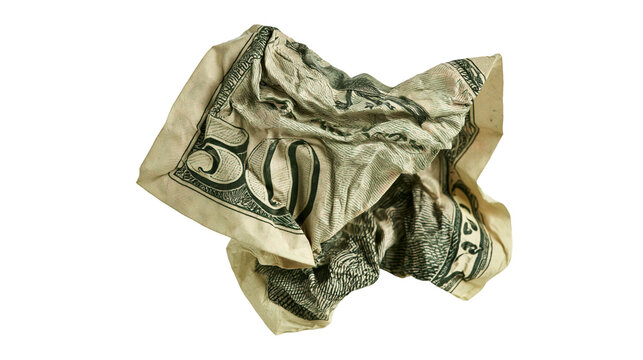 Isolated crumpled fifty dollar bill, symbol of economic crisis or financial problems.