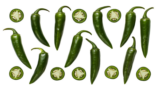Isolated fresh green chili peppers and cross sections revealing seeds on clean backdrop.