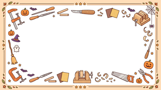 Halloween woodworking frame with carpentry tools and spooky icons