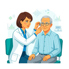 Fototapeta premium Audiologist fitting hearing aid on senior man, healthcare concept, modern flat illustration style