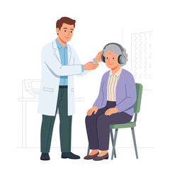 Fototapeta premium Audiologist Performing Hearing Test on Elderly Woman with Headphones in Clinic