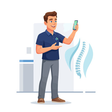 Chiropractor presenting spine health app on smartphone with holographic spinal column visualization