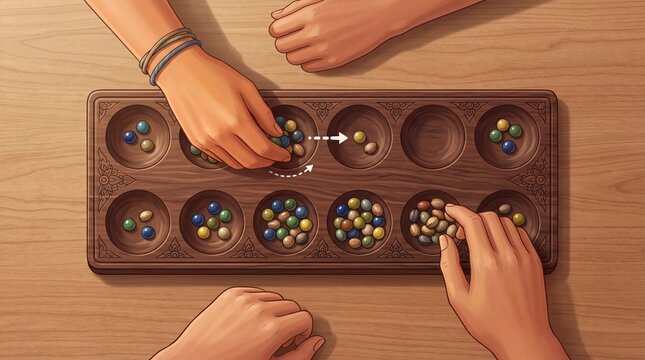 Hands playing colorful mancala