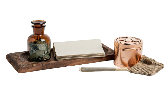 Isolated wooden tray with glass apothecary bottle, rolling papers, copper grinder, herbal cigarette, pouch