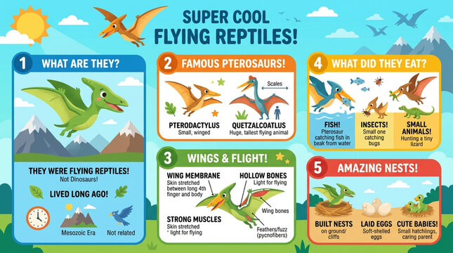 Educational Infographic of Flying Reptiles Pterosaurs for Kids with Fun Facts and Life Cycle