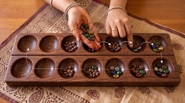 Woman playing wooden mancala