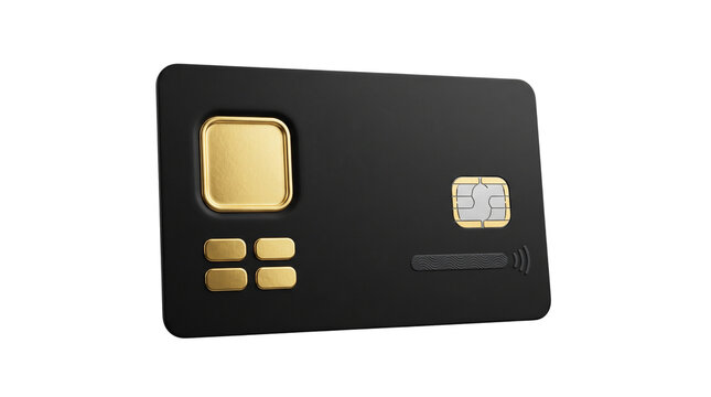 A sleek black modern credit card with golden accents and chip, representing financial services and transactions.