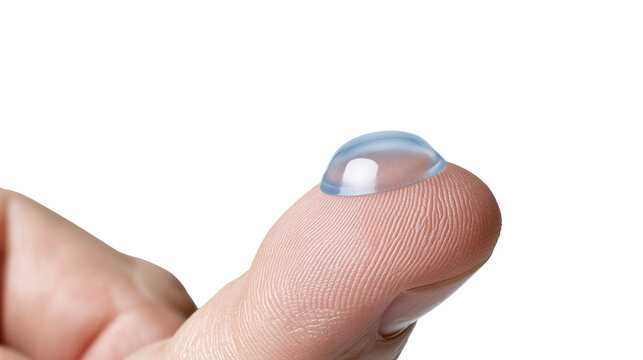 Isolated close-up of a human finger holding a soft clear contact lens for vision correction