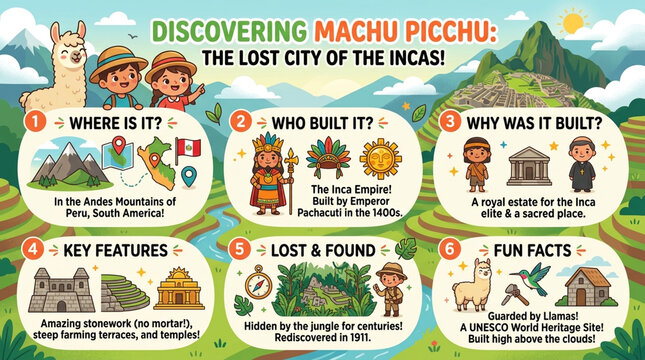 Educational Machu Picchu Infographic for Kids Discovering the Lost City of the Incas History and Facts Illustration
