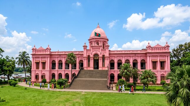 Ahsan Manzil palace in Dhaka stands against a bright blue sky
