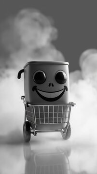 Cute 3D Shopping Cart Character with Happy Face, E-Commerce and Online Shopping Concept