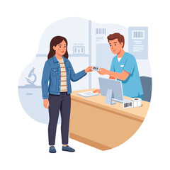 Fototapeta premium Customer receives barcode label from technician at counter, pharmacy or lab setting