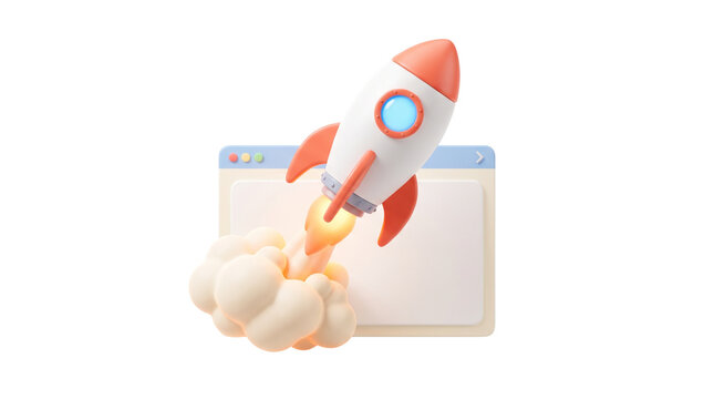 Rocket launching from web browser window concept for startup business success development growth and online software product launch marketing strategy.