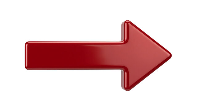 Glossy red 3D right arrow indicating direction, next steps, forwarding, or navigation in modern interface design.