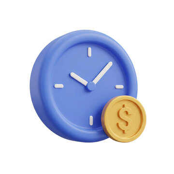 3D Blue Clock and Gold Dollar Coin Representing Gig Economy Hourly Rate on Transparent Background