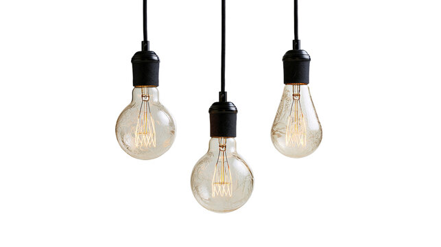 Isolated three decorative vintage Edison style light bulbs with glowing filaments hanging vertically