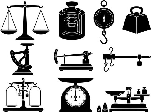 Weight and scale icon set in a flat black silhouette style including balance scales, hanging scales, kitchen scales, and calibration weights.