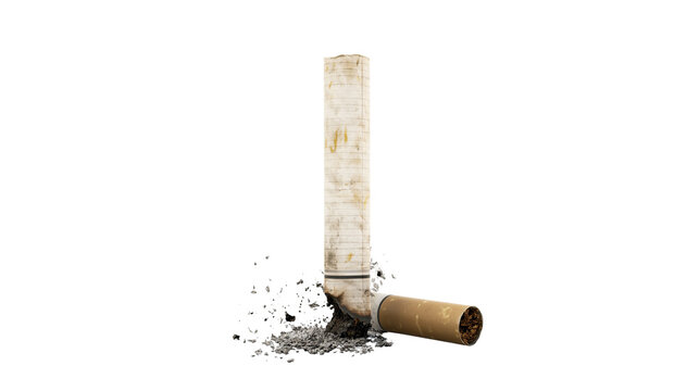 Isolated broken cigarette with scattered ash and spilled tobacco representing addiction and danger