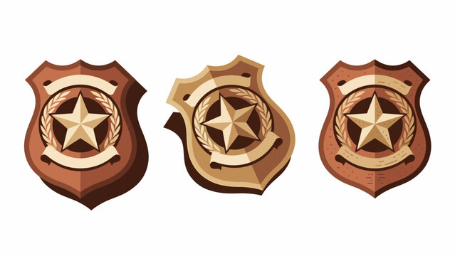 Collection of three sheriff badges with stars and wreaths, isolated on white background.