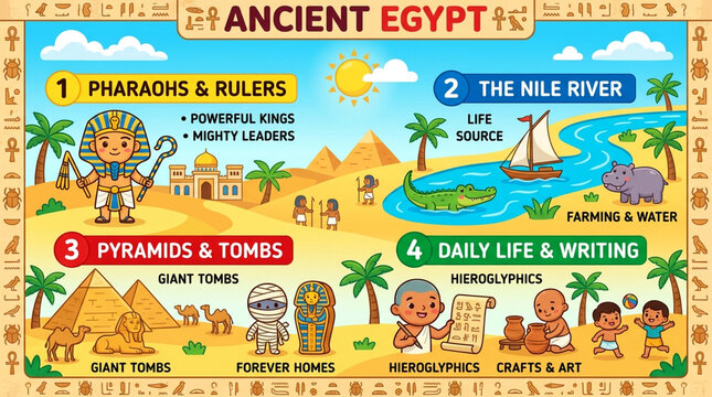 Ancient Egypt Educational Infographic Poster for Kids with Pharaoh Pyramids and Nile River