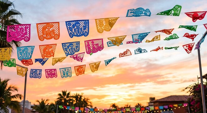 Colorful mexican papel picado paper banners with skeleton designs hanging against sunset sky. Day of the dead festival decoration with palm trees and string