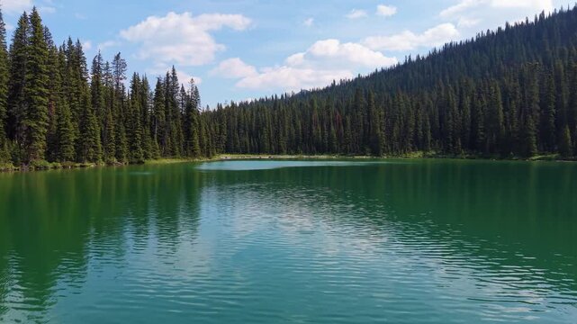 Lillian Lake pristine alpine waters surrounded by dense pine forest and mountain peaks. Kananaskis, Alberta, Canada. aerial view