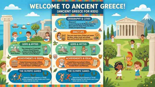 Ancient Greece Educational Infographic Poster for Kids with Cartoon Illustrations