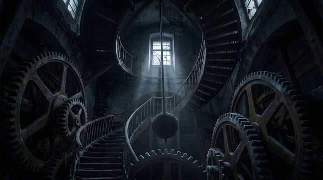 Steampunk clockwork interior featuring massive brass gears for industrial concepts.