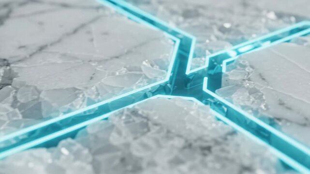 Pristine white marble intersected by sharp glowing neon cyan circuit line