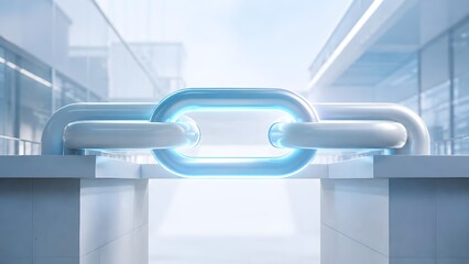Naklejka premium Large glossy chain links connecting across a gap in a bright modern corporate setting representing strong business partnerships and security.