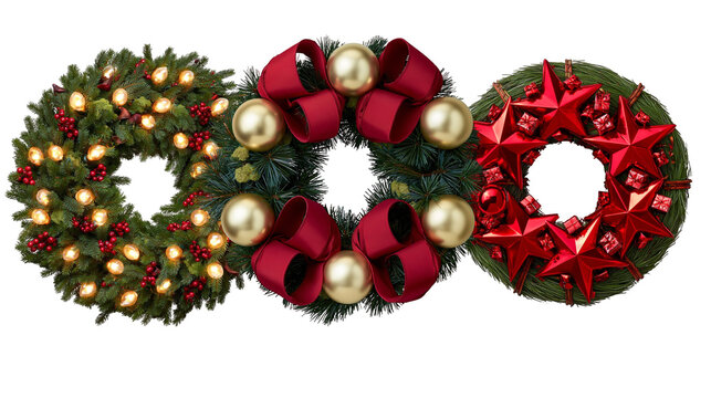 Isolated three distinctive Christmas wreaths adorned with lights, bows, golden balls, and stars
