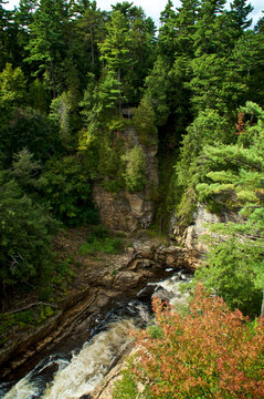 Beautiful scenic view of famous Ausable Chasm in New York showing deep gorge and flowing river