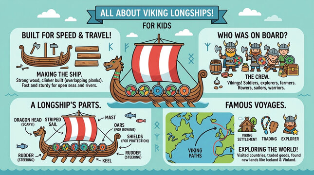 Educational Viking Longship Infographic for Kids Featuring Ship Parts History and Voyages