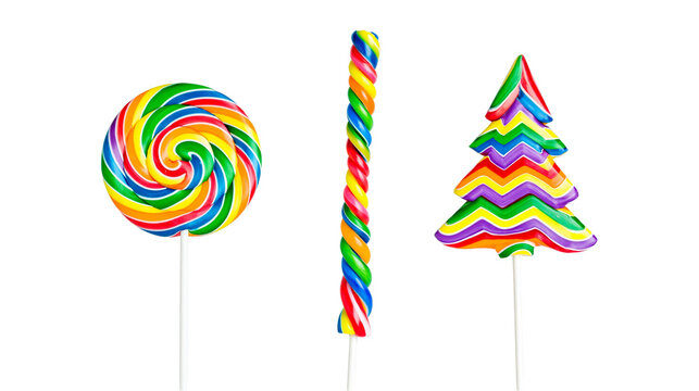 Isolated colorful sweet rainbow lollipops and striped candies, festive sugary treats