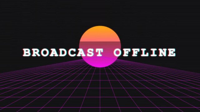 Retro 80s Synthwave Style Broadcast Offline Screen with Glitch Effect and Neon Sun over Digital Grid