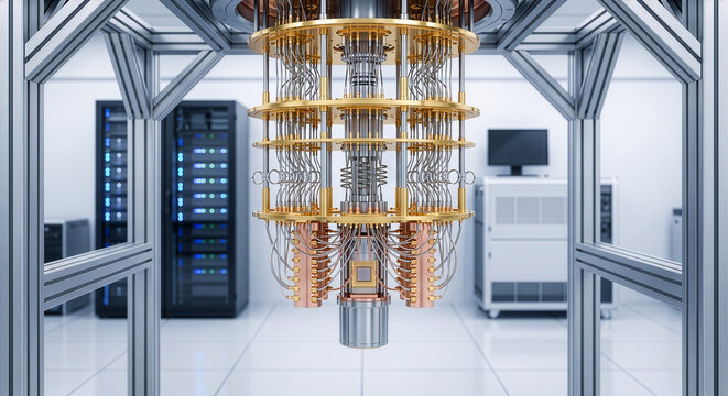 最先端の研究所に設置された量子コンピューターとサーバーラックの3Dコンセプト。次世代の超高速計算技術や物理学研究、未来のデータ処理を象徴するテクノロジーイラスト背景