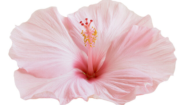 Isolated delicate light pink hibiscus flower bloom, vibrant tropical blossom, detailed stamen