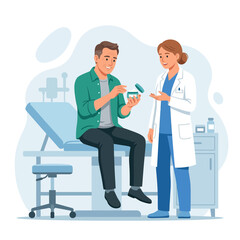 Fototapeta premium Doctor Consults Patient About Medication in Clinic Examination Room, Health Care Concept