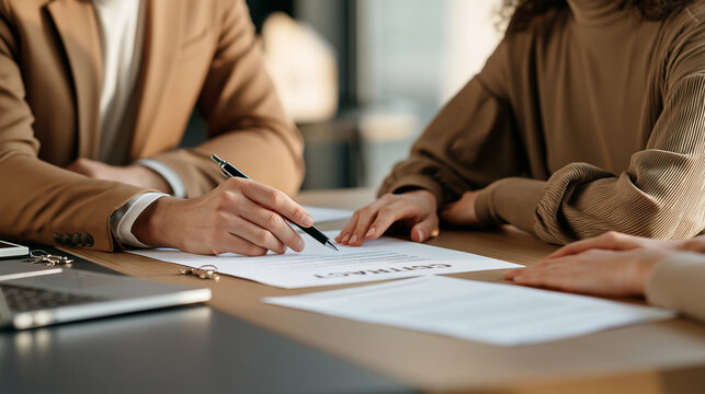 Realtor reviewing a rental contract with a client at an elegant office desk, documents, pen and house keys visible, property lease, rental agreement, tenant service, real estate