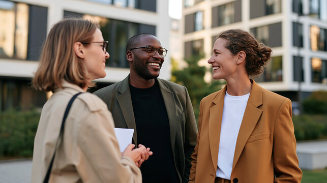 Joyful young couple talking with an African American property realtor near a modern residential building, urban environment, apartment purchase, real estate consultation, home