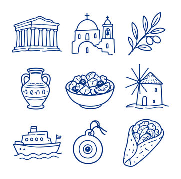 Greece landmarks and cultural symbols collection including temple and church and traditional food blue line art style
