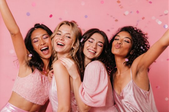 Group of women celebrating together with confetti on pink background