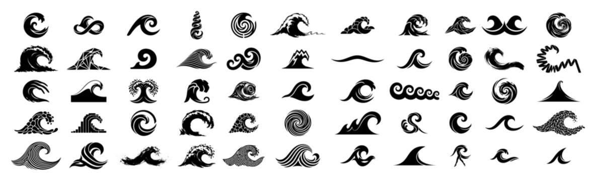 Ocean wave symbols and sea surf icons collection in black silhouette style