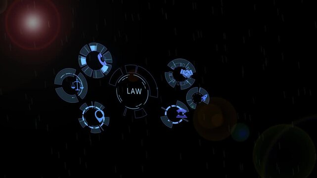 Digital legal technology interface featuring animated hud with law scales and for corporate legal services and modern judicial system data visualization