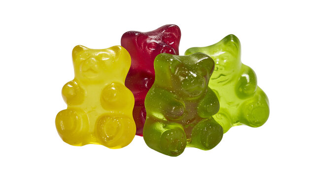 Isolated group of colorful gummy bear candies, sweet chewy gelatin treats for kids