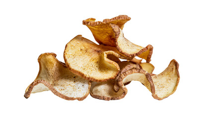Fototapeta premium Isolated pile of crispy seasoned potato chips, delicious healthy crunchy snack food