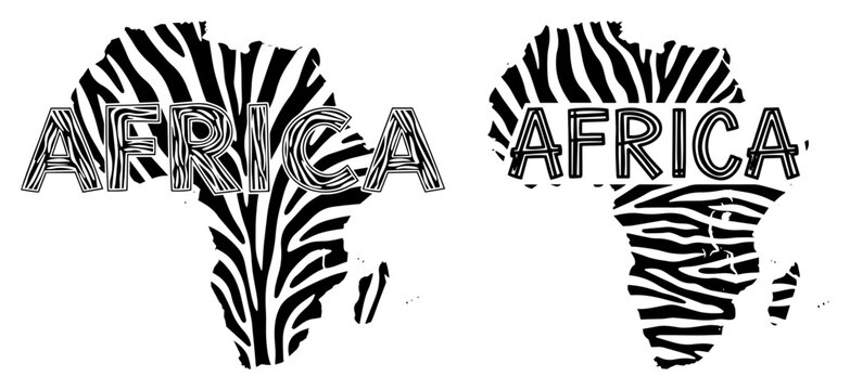 Africa map silhouette with zebra stripes pattern and typography black and white graphic style