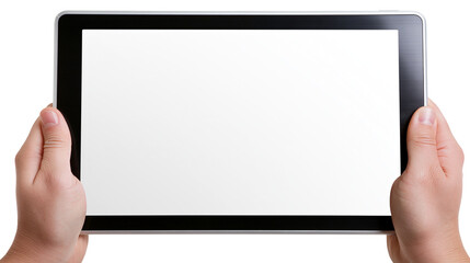 Isolated hands holding a modern black digital tablet with an empty white screen for content © Francisco
