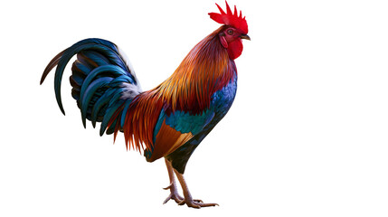 Isolated vibrant colorful rooster with bright feathers standing majestically on a plain backdrop. © Francisco